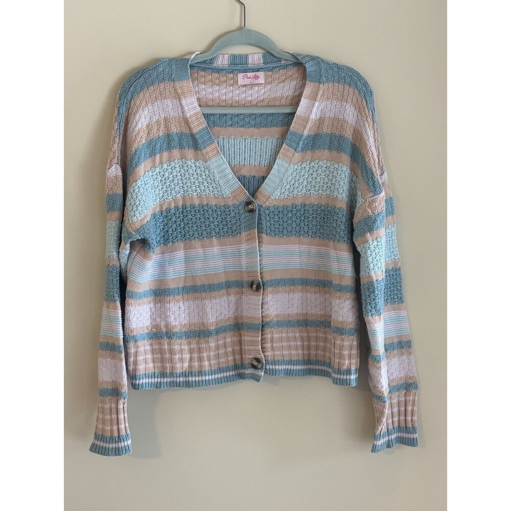 Pink Lily Womens L Striped Knit Cardigan Pastel Blue Tan Button Front Coastal